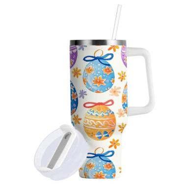 Imagem de Blueangle Copo de ovo de Páscoa de 850 g com alça e tampa de palha, copo isolado reutilizável garrafa de água de aço inoxidável caneca de viagem (360)