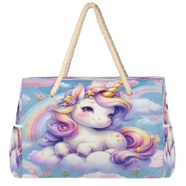 Imagem de hongjinglin Bolsa de praia grande leve dobrável roxa unicórnio linda bolsa de ombro para piscina, Cor 1, Large