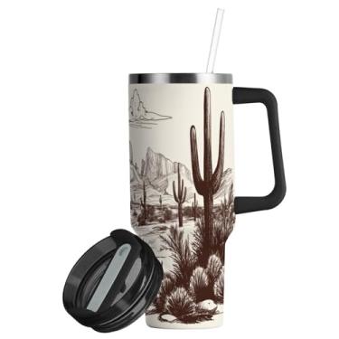 Imagem de ATTX Copo caubói do deserto ocidental de 850 g com alça, copo de aço inoxidável a vácuo de parede dupla com palha, caneca de café de viagem isolada #360