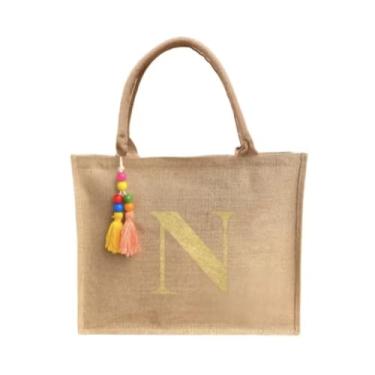 Imagem de Bolsa Juta Personalizada Letra Dourada Inicial Do Nome - Praia Ecologica - (N)