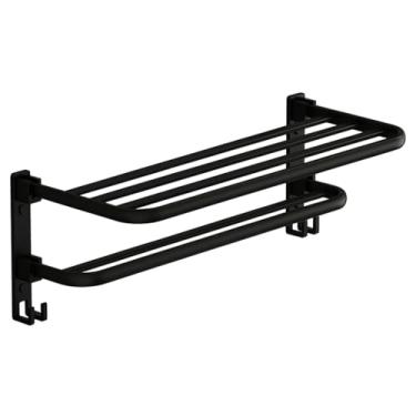 Imagem de Porta Toalha Suporte Toalheiro Banheiro Duplo Aço Inox Premium Retratil 90° Sem adesivos, precisa fazer furos porta toalha banheiro(preto)