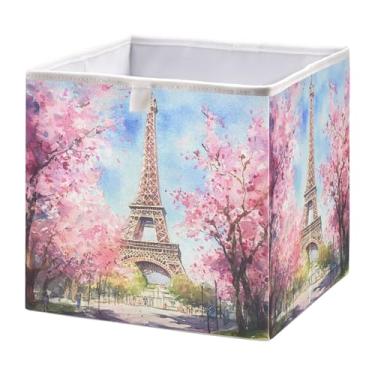 Imagem de SEHANY Caixa de armazenamento dobrável com flores da Torre Eiffel, organizador de tecido grande, dobrável, cestas de armazenamento para roupas, brinquedos, livros, armário, berçário, 40 x 27 x 17 cm