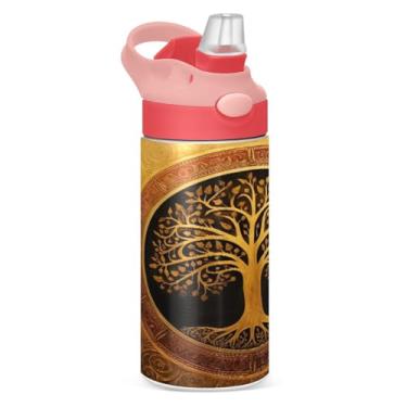 Imagem de Blueangle Garrafa de água de árvore dourada de aço inoxidável isolada de 350 ml com tampa de canudo - Garrafa esportiva reutilizável e portátil à prova de vazamento para viagens, ao ar livre (990)