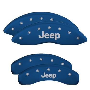 Imagem de Capas de pinça de freio MGP compatíveis com Jeep Grand Cherokee 2011-21, WK 2022 (requer 43 cm + rodas) acabamento revestido com pó azul, logotipo Jeep gravado, capas de pinça dianteira e traseira