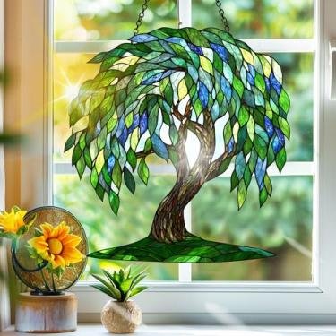 Imagem de Acrílico colorido, apanhador de sol, árvore da vida, decoração de janela pendurada, arte de parede de arco-íris, para quarto, varanda, interior, exterior, jardim, enfeites de Natal, decoração 19 x 19