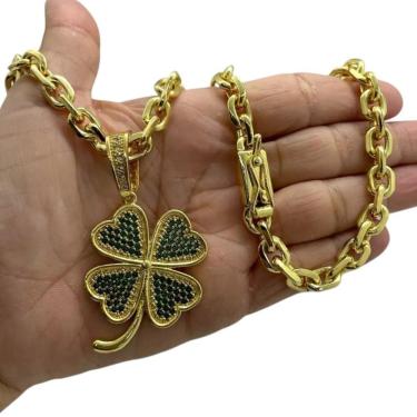 Imagem de Cordão 8Mm Cadeado + Pingente Trevo Da Sorte Banhado A Ouro