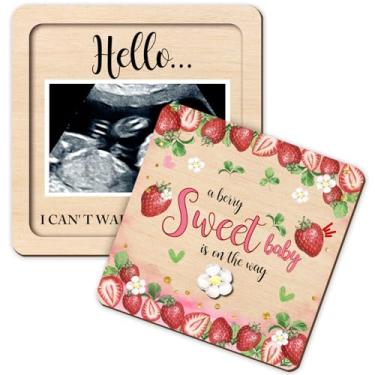 Imagem de Caixa de anúncio de gravidez de morango, presente de lembrança de madeira para avós, família, caixa surpresa reveladora de bebê, suporte de moldura de ultrassom, anúncio de bebê fofo em breve para