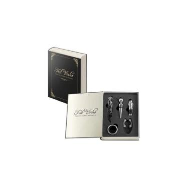 Imagem de Kit de Vinho com 05 Peças, Formato de Livro, Aço Inox e Plástico, 21x16,5x3,5cm, Inclui Saca-Rolhas, Anel Salva-Gotas, Bico Dosador, Tampa e Corta Lacres