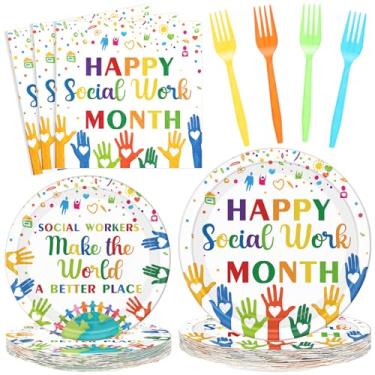 Imagem de Remerry 96 peças Happy Social Work Month Party Supplies We Appreciate You Tableware descartável Obrigado funcionários funcionários pratos de papel guardanapo para decoração de festa