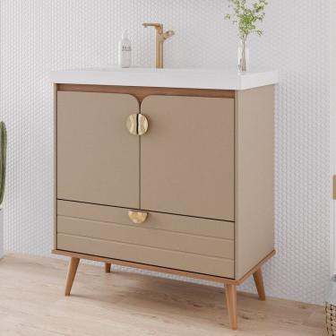 Imagem de Gabinete para Banheiro 80cm com 2 Portas 1 Gaveta e Cuba de Embutir Trancoso Cappuccino