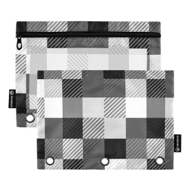 Imagem de GAIGEO Bolsa de lápis para fichário de 3 anéis, tabuleiro de xadrez alternado, bolsa de lápis preta, fichário com zíper, fichário escolar, bolsos transparentes, 25 x 18 cm, 2 pacotes
