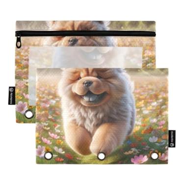 Imagem de Pasta de lápis floral para cães Chow Chow Chow com 3 anéis, bolsa de lápis, fichário com zíper, para escola, bolsos transparentes, mulheres, 25 x 18 cm, 2 pacotes