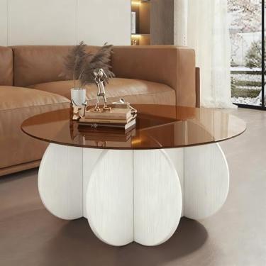 Imagem de Mesa de centro redonda, mesa de centro de vidro moderna para sala de estar, mesa central branca exclusiva com tampo de vidro temperado e pernas de madeira maciça, mesa com detalhes em âmbar circular