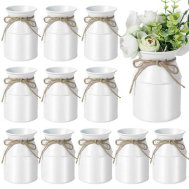 Imagem de DELORIGIN 12 peças de vasos de flores de metal para casa de fazenda, 9,4 cm, vaso rústico para leite, vintage, para casa de fazenda, casa, casamento, sala de jantar, mesa decorativa de outono (branco)