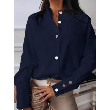 Imagem de Blusa feminina azul-marinho com colarinho alto - camisa de botão de metal de manga comprida grande, Azul escuro, Small