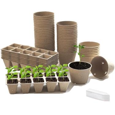Imagem de YEIHHEIY Os kits de 200 potes de sementes incluem 50 potes de turfa de 10 cm com orifícios de drenagem, 100 células, bandejas de mudas de 5 cm e 50 peças de etiquetas de plantas, vasos de germinação