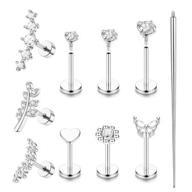 Imagem de ZELORES Brincos de cartilagem para mulheres, hipoalergênicos, aço cirúrgico, costas planas, conjunto de brincos banhados a ouro 18 K, brincos de nariz com parafuso no lábio labret helix tragus