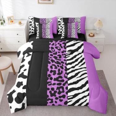 Imagem de Jogo de cama casal com 7 peças de patchwork roxo, estampa de zebra de vaca guepardo em uma bolsa, conjunto de cama de animais de fazenda inclui edredom, conjunto de lençol, fronhas e fronhas, estampa