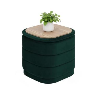 Imagem de B FSOBEIIALEO Otomano de armazenamento de veludo com bandeja, otomano dobrável quadrado com mesa de centro de armazenamento descanso de pés para dormitório, sala de estar, garrafa verde, 38 x 38 x 38