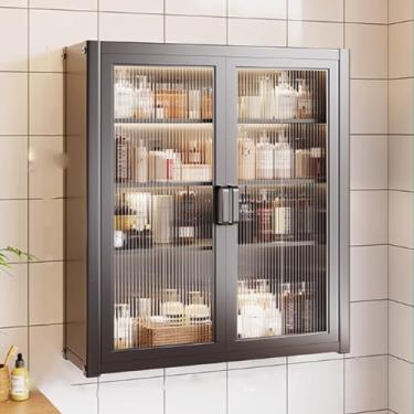 Imagem de Armário de parede de banheiro com portas de vidro duplas, prateleiras ajustáveis, espaço de armazenamento de 4 níveis, organizador acima do vaso sanitário - ideal para escritório, restaurante