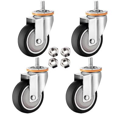 Imagem de Pacote com 4 rodas giratórias de haste roscada resistente, M10 M12, borracha TPR de 6,3 cm 7,6 cm 10,2 cm 12,7 cm com freios de travamento duplo, perfeita para substituição de carrinho de móveis