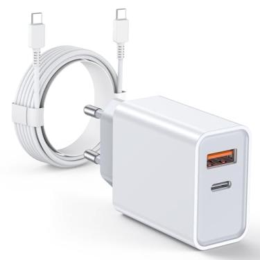 Imagem de Carregador de parede USB-C, adaptador de alimentação duplo QC+PD 3.0 durável de 20 W com cabo de carregamento USB-C de 1,8 m, bloco de carregamento rápido duplo para iPhone 17/16/15 Pro Max Plus,White