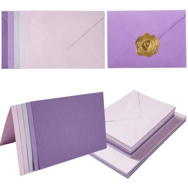 Imagem de Pacote com 50 envelopes coloridos A7 com conjunto de cartões em branco, envelopes de 5 cores com cartolina de 12 x 17 cm e adesivos dourados para convites de casamento (roxo, 12 x 18 cm)