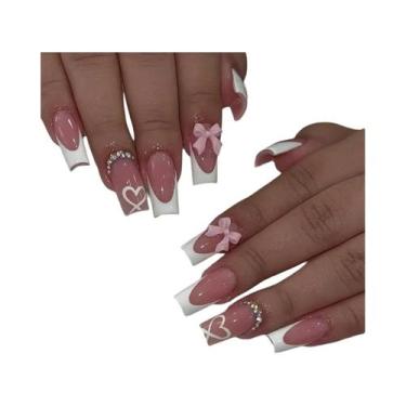 Imagem de Unhas Postiças Brancas Longas Com Pontas Francesas 24PCS Com Laço Rosa