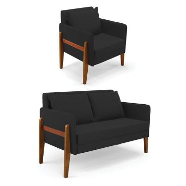 Imagem de Kit 1 Sofá Namoradeira E 1 Poltrona Lana Veludo Preto Base De Madeira - D'rossi