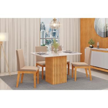 Imagem de Conjunto: Mesa Sala Jantar Canes c/ Tampo Madeirado c/ Vidro Curvo 120x90cm e 4 Cadeiras Suzy Cedro/Off White - Suede Creme - DJ Móveis