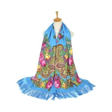 Imagem de Lenço Estampado Floral Estilo Russo Feminino Retrô Com Franjas Xale Uc