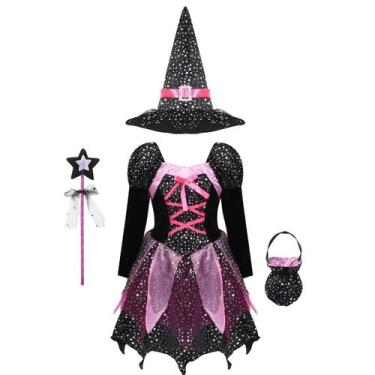 Imagem de Fantasia de Bruxa Infantil para Halloween - 4 Peças (Vestido, Chapéu, 
