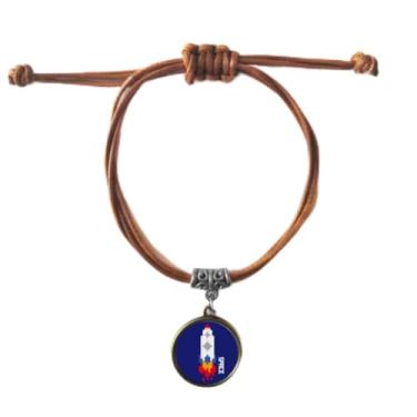 Imagem de DIYthinker Pulseira Space Ship Rocket Fire Universe Pixel Pulseira de couro corda escondida presente joia marrom