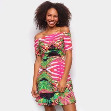 Imagem de Vestido Água Viva Curto Ombro a Ombro Estampado, Verde, Rosa, GG