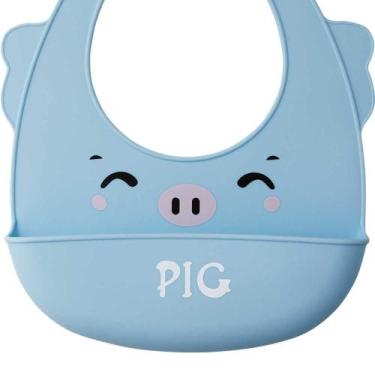 Imagem de Babador Silicone Com Bolso Porta Migalhas Impermeável Neopan, Azul Pig