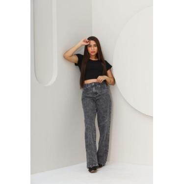 Imagem de Calça jeans wide leg lisa feminina perna larga - Kf, Grafite, 38