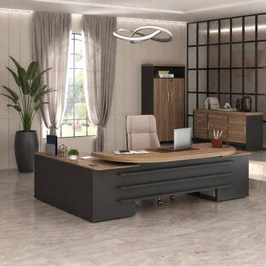 Imagem de Conjunto 3 Peças com Mesa para Escritório Presidente, Balcão para e Armário Multiuso Alto Nogal/Preto