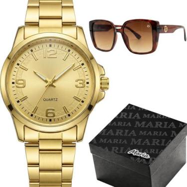 Imagem de Relogio feminino dourado + oculos sol proteção uv qualidade premium pr