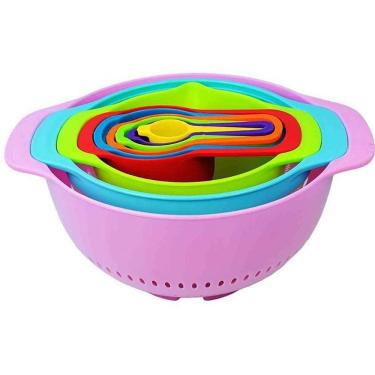Imagem de Conjunto de Tigelas Multiuso com Medidor 10 Peças Coloridas Acopláveis Antiaderente para Cozinha Santana