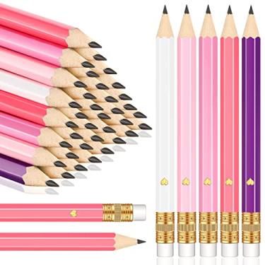 Imagem de Nezyo 80 mini lápis de golfe com borracha, 2 HB, 10 cm, hexagonal, caneta colorida pré-afiada para casamento, sala de aula, escritório escolar (cor rosa dos sonhos, estilo coração)