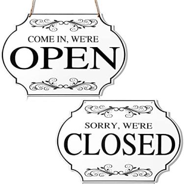 Imagem de Placa de madeira rústica aberta e fechada de negócios reversível de dois lados Come in We're Open or Closed Store Hanging Sign for Coffee Bar Shop Door Window, 29 x 19 cm (White Boards, Black Words)