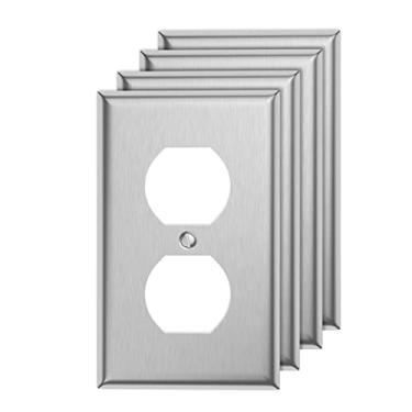 Imagem de Pacote com 4 capas de interruptor de parede duplex simples para tomada - decoração de aço inoxidável receptáculo de tomada - acabamento escovado - prata