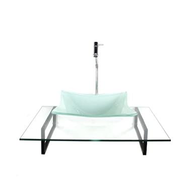 Imagem de KIT CUBA DE VIDRO QUADRADA BRANCA COM TAMPO 60CM INCOLOR E SUPORTE TORNEIRA VALVULA