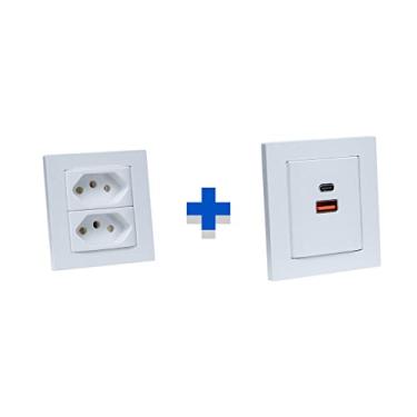 Imagem de Kit Espelho Duplo Reto com 2 Tomadas 20A e 2 USB 9.0A Branco