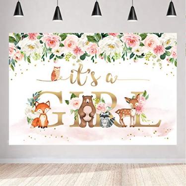Imagem de Aperturee It's a Girl Woodland Animals Pano de fundo de chá de bebê 1,5 x 0,9 m Animais da selva Aquarela Rosa Floral, Decoração de festa para recém-nascidos, Adereços para estúdio de cabine de foto, Suprimentos para banner