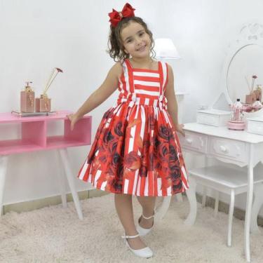 Imagem de Vestido Infantil Com Listras Brancas E Flores Vermelhas - Moderna Meni