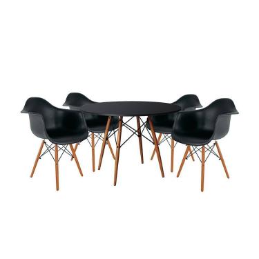 Imagem de Mesa de Jantar Redonda Eiffel Eames em Madeira 90cm Preta com 4 Poltronas Pretas