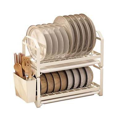 Imagem de Escorredor de pratos sobre a pia, escorredor de pratos, escorredor de pratos escorredor de talheres com bandeja coletora de metal de 2 camadas com suporte de talheres, bandeja de gotejamento com cesta