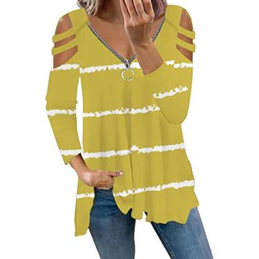 Imagem de Tops de ombro frio para mulheres com estampa solta, camisas de manga comprida, bainha fluida, zíper, gola V, alça, túnica Primavera transparente feminino lantejoulas Listra E66-Amarelo Small