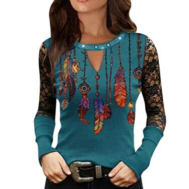 Imagem de Tops femininos de manga comprida com estampa de penas, camisa ocidental com decote em V Uniforme Túnicas Vaqueira Camiseta grande redondo cor Étnico Tribal Geométrico Asteca B46-Azul Large
